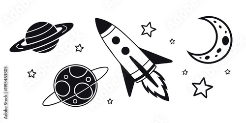 A whimsical illustration of outer space with planets, stars, and a rocket ship Vector