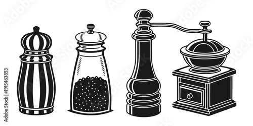 Assorted pepper mills and salt and pepper shakers on a table Vector