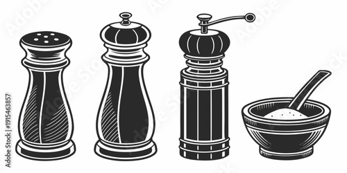 Assorted kitchen tools including salt and pepper grinders and a spoon Vector