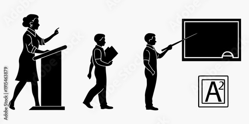 A diverse group of professionals engaged in various forms of public speaking. Vector