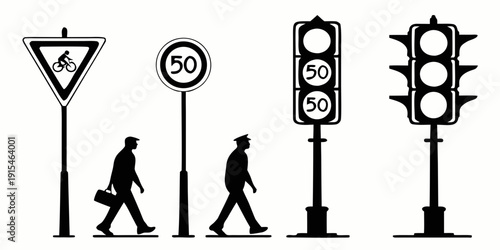 Various traffic signs and signals with a person walking and running in different directions Vector