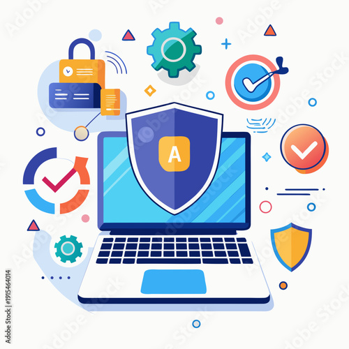 Close-up of a business professional typing on a modern laptop with a transparent digital AI shield interface hologram floating above the keyboard, security checkmarks and warning icons surrounding the