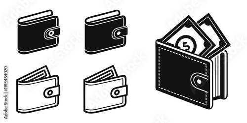A collection of various wallets and purses filled with money and cards Vector