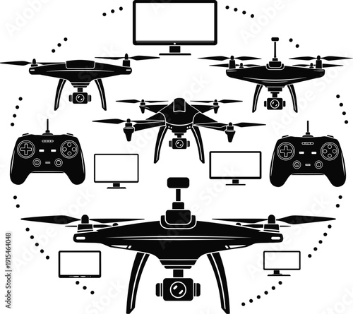Drone technology silhouettes collection, quadcopter aerial camera set, remote controller and monitor devices vector illustration, modern photography and surveillance concept