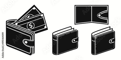 A set of various wallets and purses displayed in a row Vector