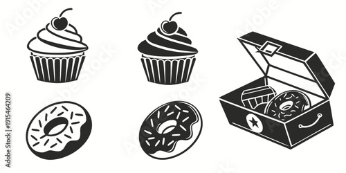 Assorted pastries and a vintage car displayed in an open suitcase. Vector
