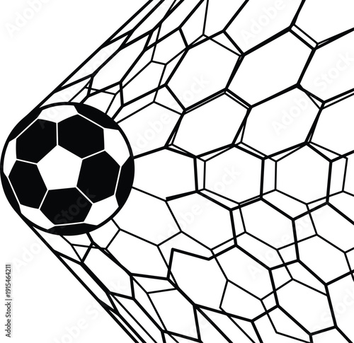 Soccer ball hitting net, black and white football goal concept illustration for sports competition, championship victory and scoring moment