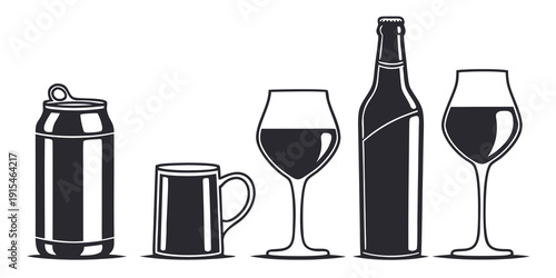 Assorted drink containers and glassware on a table Vector