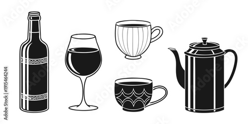 Assorted beverages and containers illustrated in black and white Vector