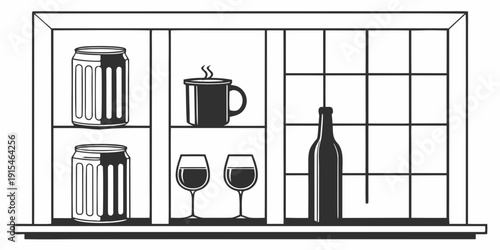 A variety of beverages and drinkware arranged on a kitchen shelf. Vector