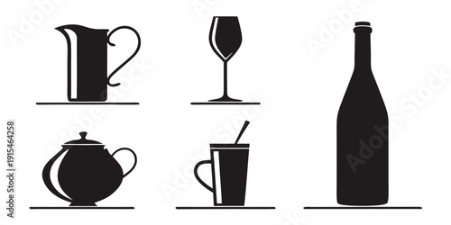 Assorted drinkware and beverage containers in a minimalist black and white design Vector