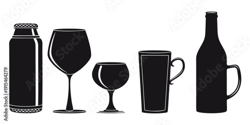 Assorted glassware and bottles showcasing various drink containers and vessels. Vector