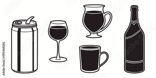 Assorted drink containers and glassware on a table Vector