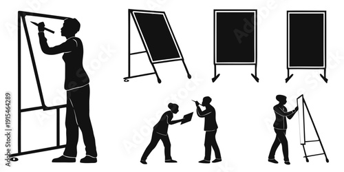 A variety of people in different poses interacting with easels and chalkboards Vector