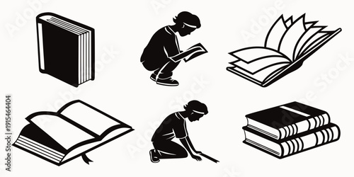 Illustrations of students engaged in various reading activities and postures. Vector