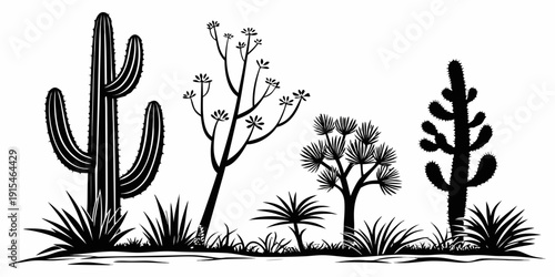 A serene desert landscape with various cacti and plants under a clear sky Vector