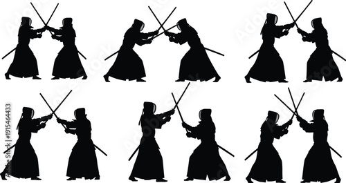 Kendo martial arts silhouettes collection, Japanese sword fighting duel poses set, traditional combat sport vector illustration, samurai training and competition concept