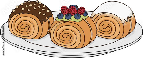 Delicious Assorted Sweet Pastry Rolls with Chocolate and Berries on White Plate - Hand Drawn Food Illustration Vector