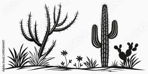 A serene desert landscape with various cacti and flowering plants. Vector