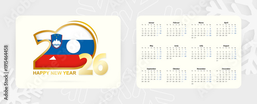 Horizontal Pocket Calendar 2026 in Slovenian language. New Year 2026 icon with flag of Slovenia.