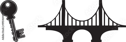 A black and white image of a key and a suspension bridge