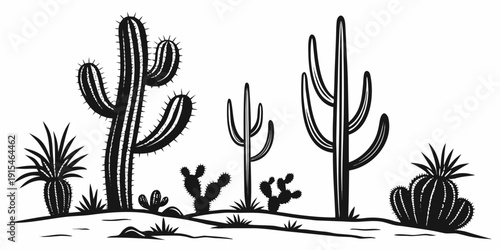 A serene desert landscape with various cacti and plants under a clear sky Vector