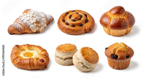 Assortment of Freshly Baked Pastries and Bread on White Background