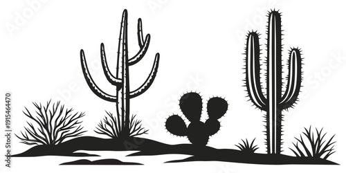 Three cacti and a rabbit in a desert landscape with mountains in the background Vector