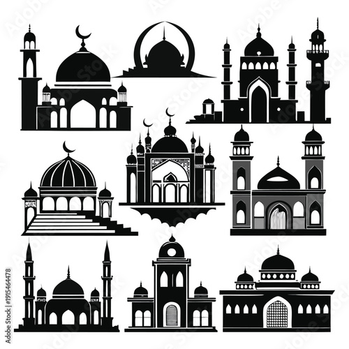 Vector illustration of the Taj Mahal silhouette with domes and towers, inspired by religious architecture and famous European city landmarks