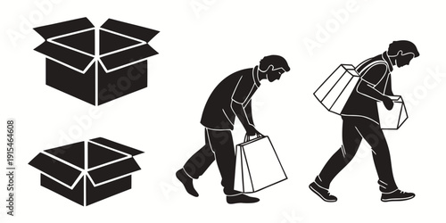 Illustration of a person carrying boxes and a shopping bag. Vector