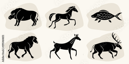 Various silhouettes of animals including horses, deer, and a rhinoceros Vector
