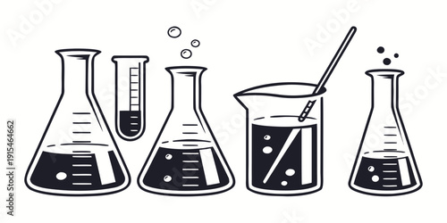 Laboratory glassware including beakers and flasks being filled with liquid Vector