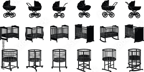 Baby stroller and crib silhouette icon set, infant furniture vector illustration, childcare design for parenting, newborn product art collection