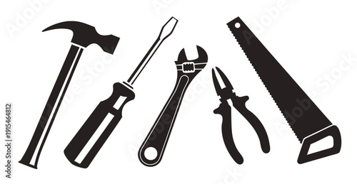 A collection of various tools including a hammer, screwdriver, pliers, and wrench. Vector
