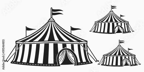 Three circus tents set up in a field with flags waving in the wind. Vector