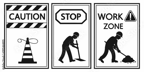 Three road signs indicating caution, stop, and work zone for safety awareness Vector