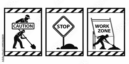 Three distinct road signs indicating caution, stop, and work zone ahead Vector