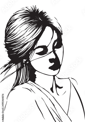 Sketch. Beauty girl face Hand drawn sketch on a white background. Beautiful fashion girl. Vector illustration.