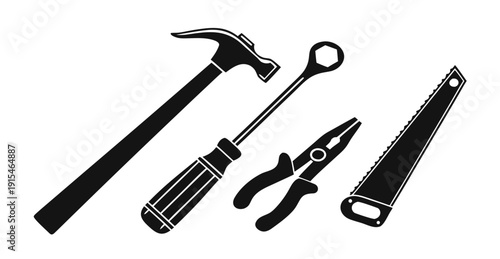 A variety of tools including a hammer, pliers, and a saw Vector