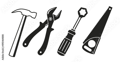 A collection of various tools including a hammer, wrench, screwdriver, and mallet Vector
