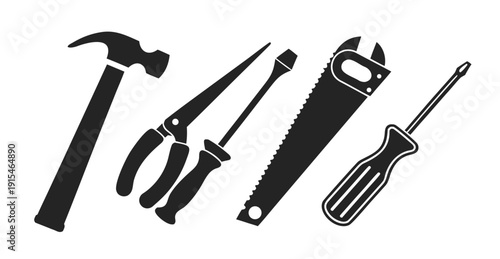 An array of tools including a hammer, pliers, wrench, screwdriver, and more Vector