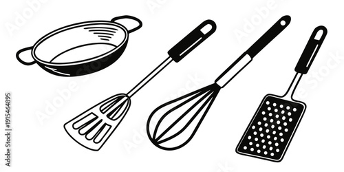 Assorted kitchen utensils including a whisk, spatula, and grater Vector