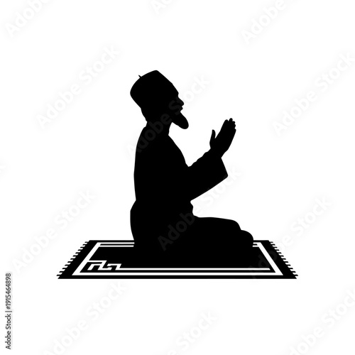 Silhouette of a devout Muslim man kneeling on a prayer mat, engaged in spiritual worship and devotion, symbolizing faith and religious practice