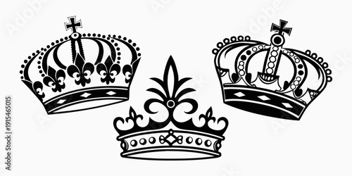 Three ornate crowns with intricate designs and royal symbols. Vector