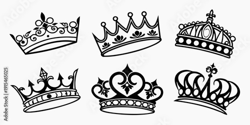 A collection of seven distinct crowns with varying designs and embellishments. Vector