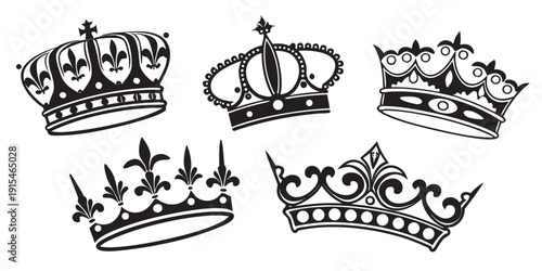 A collection of ornate crowns and tiaras showcasing regal and royal headwear Vector