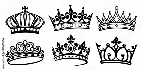 A collection of seven distinct crowns, each with unique designs and intricate details. Vector