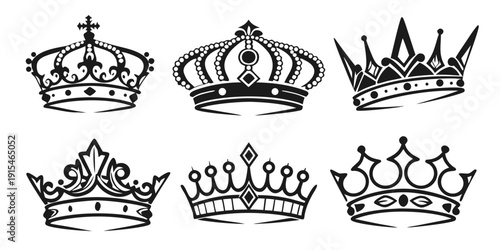 A collection of six distinct crowns, each with unique designs and embellishments. Vector