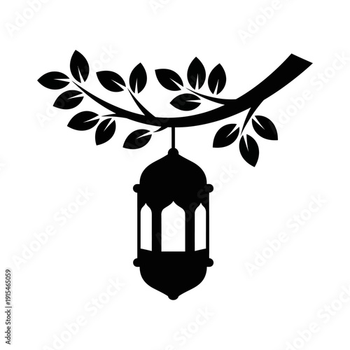 Serene black silhouette of an ornate traditional lantern gracefully suspended from a leafy tree branch, evoking peaceful ambiance and classic decorative elegance