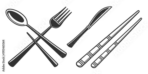 A variety of cutlery including a spoon, fork, knife, and chopsticks Vector